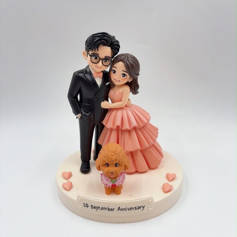 紀念日情侶人像公仔、3D打印結婚週年 Q版雙人手辦【粉紅蛋糕裙與貴賓狗擺設】Anniversary Couple Figurine