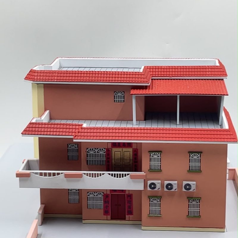 客家圍村祖屋 3D打印模型、香港新界村屋建築手辦【紅瓦粉牆雙棟大宅與春聯細節】Traditional Village House 3D Printed Architecture Model