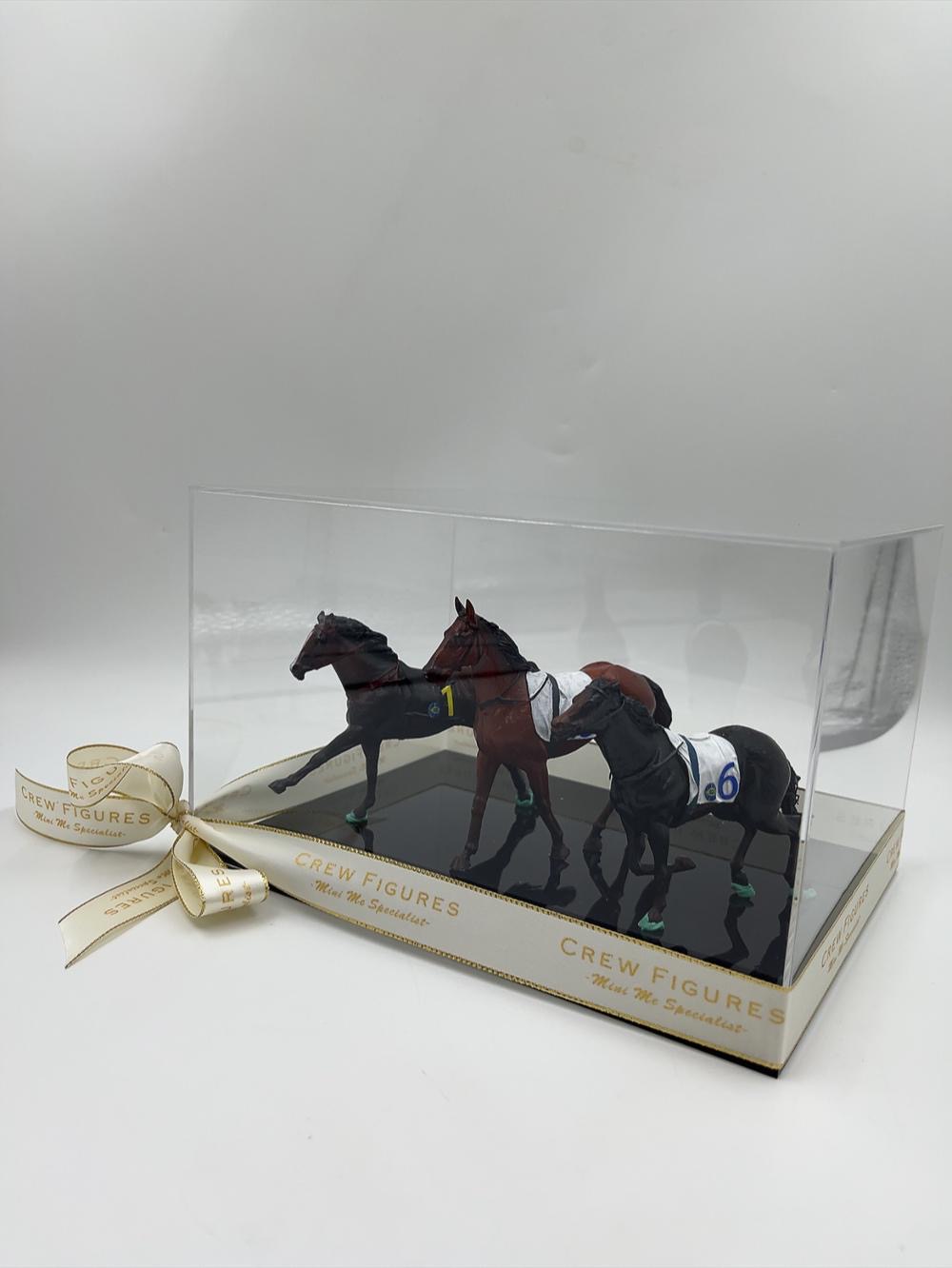 香港賽馬會拉頭馬紀念公仔訂造・3D打印公仔 賽馬禮物推薦【三駿馬模型與「1、5、6」號馬匹布・透明防塵展示盒擺設】香港賽馬紀念品 / 拉頭馬慶功禮物 HKJC Winning Horse Custom Figurine