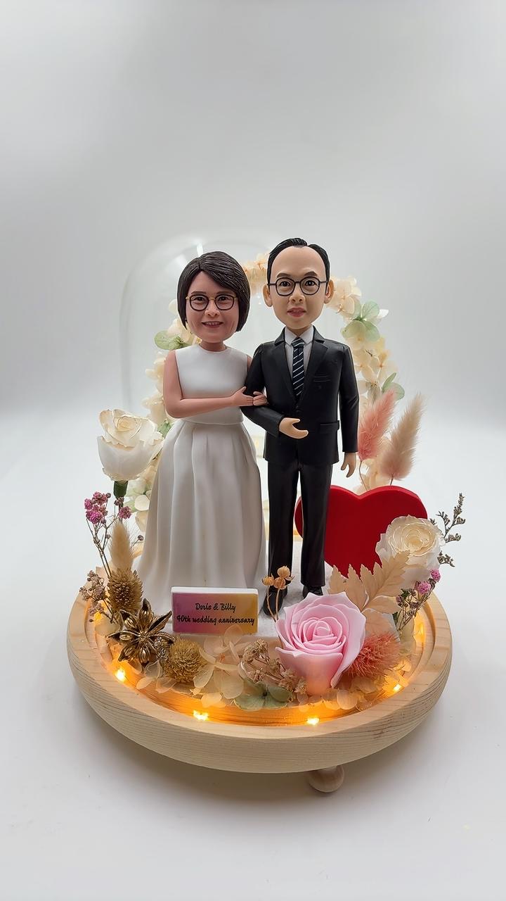結婚週年紀念禮物首選【40週年婚紀念玻璃罩人像公仔】永生花雙人客製化公仔 Wedding Anniversary Glass Dome Figurine